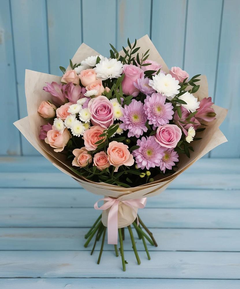 Букет цветов из: Хризантемы, Розы и Альстромерии в Пирочи