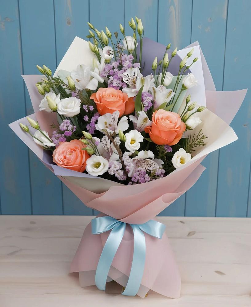 Букет цветов из: Лизиантусы, Розы, Альстромерии и Гипсофила в Пирочи