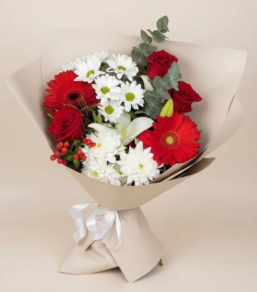 Букет цветов из: Розы, Хризантемы, Герберы и Лилии в Пирочи