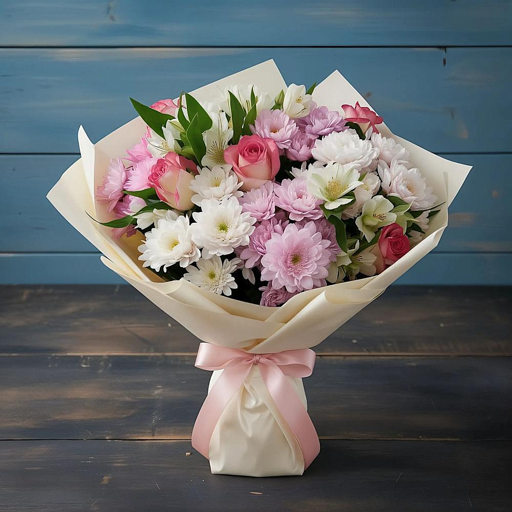 Букет цветов из: Хризантемы, Альстромерии и Розы в Пирочи